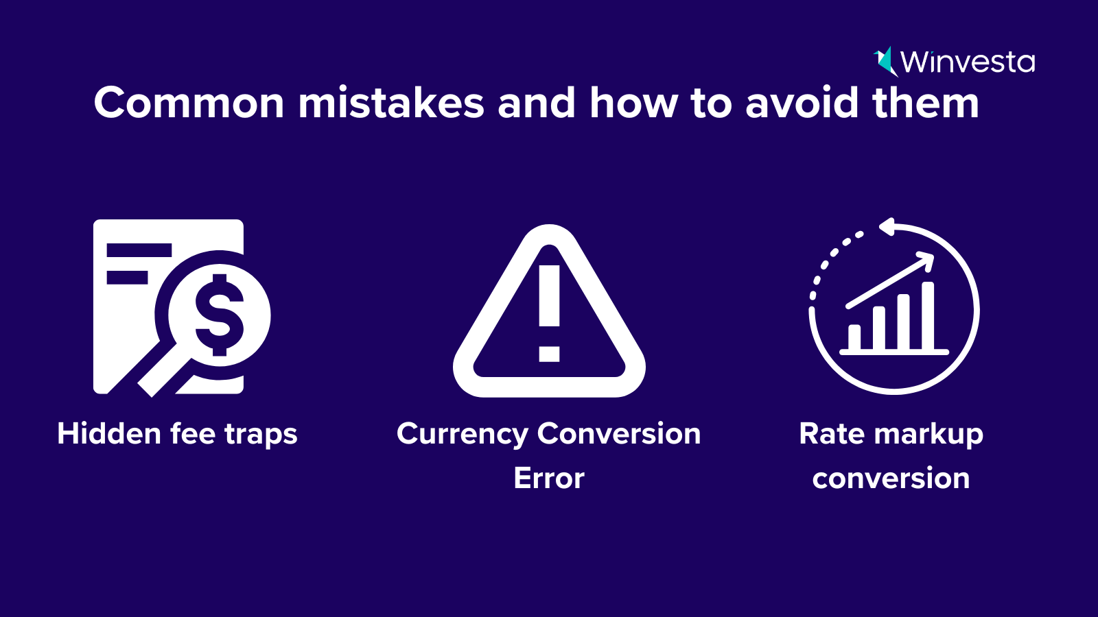 Infographic showing common international transfer mistakes including hidden fees, conversion errors, and rate markup misconceptions