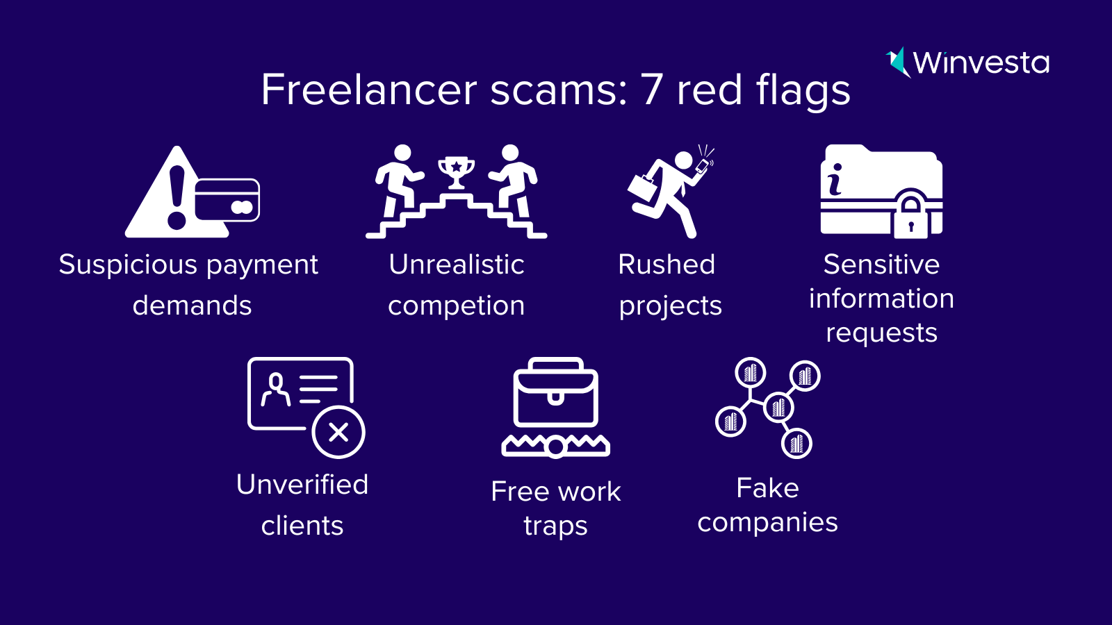 7 red flags for freelance job scams: payment, compensation, rushed work, info requests, client verification, free work, fake companies