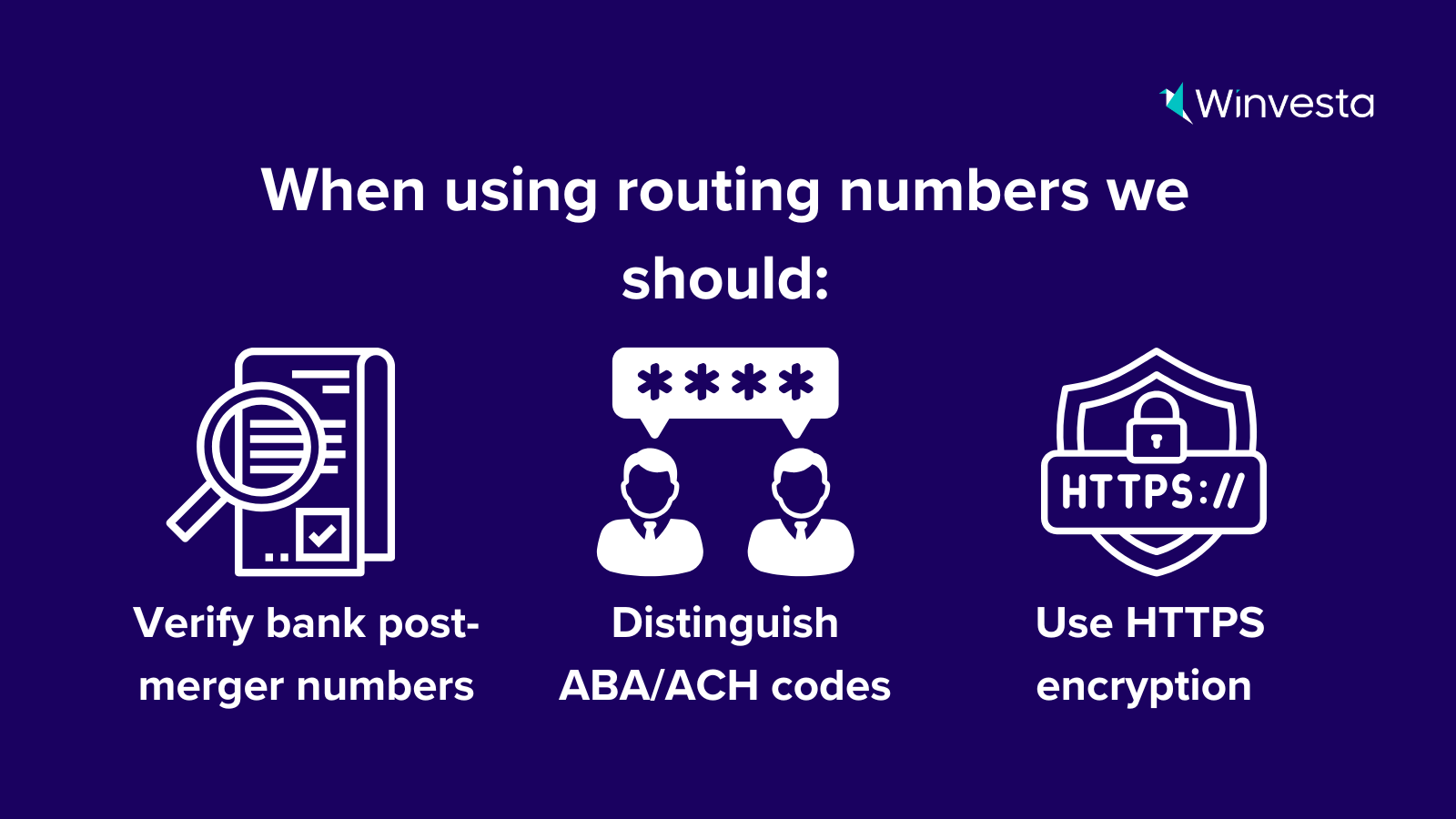 Infographic showing that when using routing numbers we should very the post- merger numbers, distinguish codes and encyption