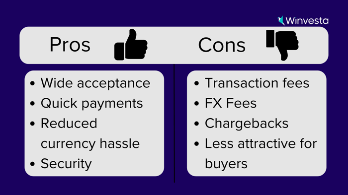 This image tells the pros and cons of receiving international transfers with a credit card.