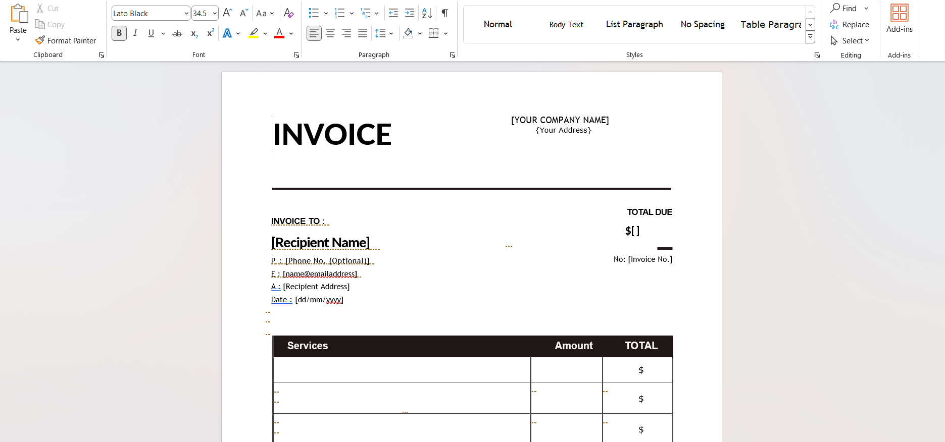 Create an invoice using this customizable template with editable fields for company name, address, and total due.