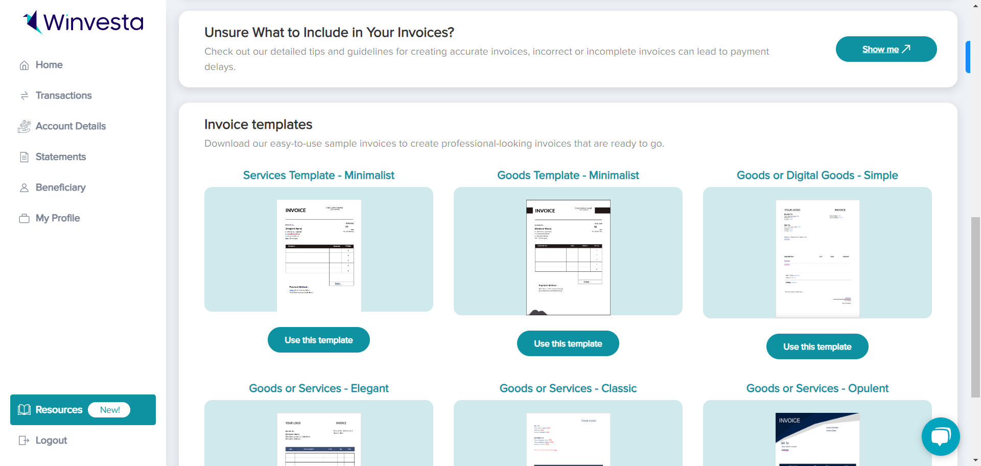 Create invoices for goods and services with Winvesta's editable templates