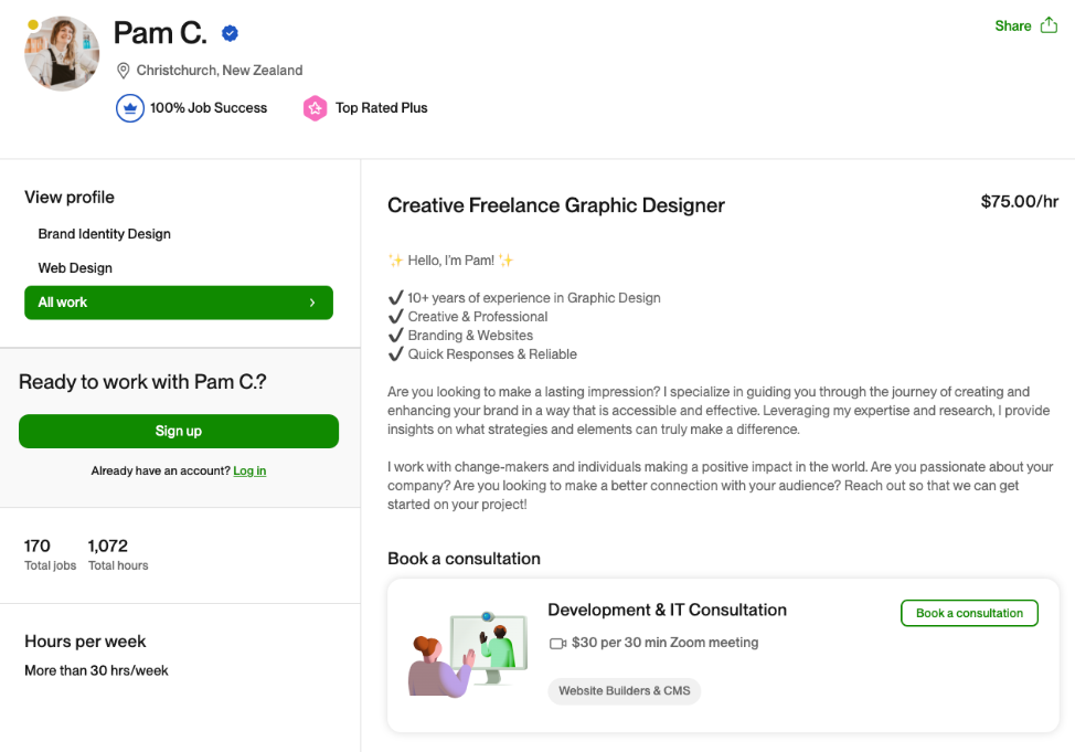 This images showcases a creative graphic designer's profile on Upwork