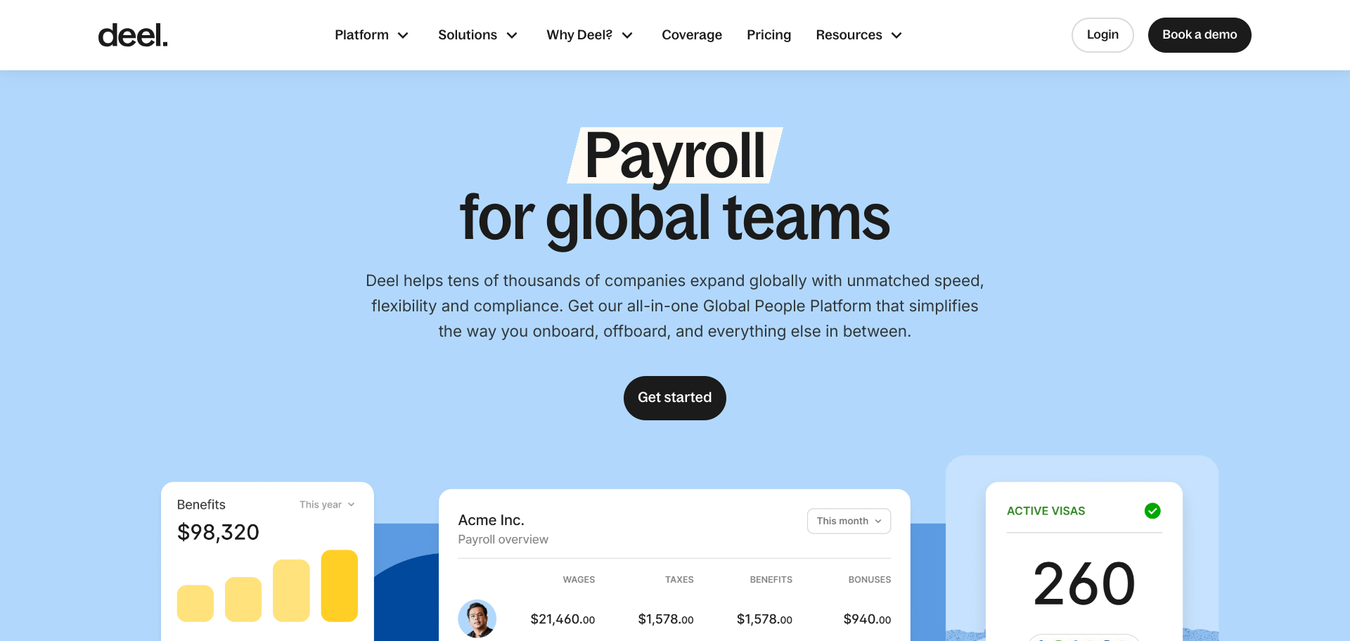 Deel platform showcasing payroll solutions for global teams, helping companies manage international hiring, payments, and compliance with a streamlined process.