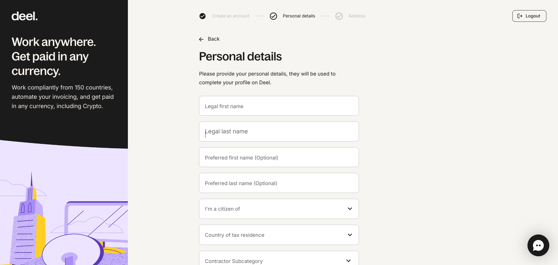 Deel platform sign-up page asking users for personal details, including legal names, citizenship, and tax residence, with a focus on enabling global payments in any currency.