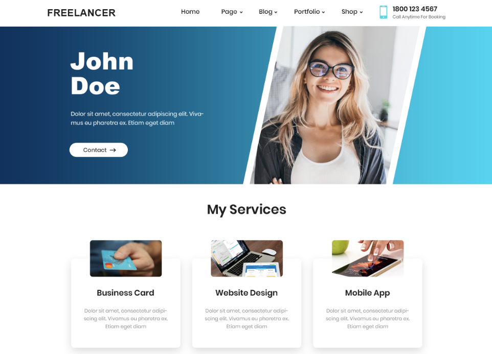 Freelancer website template featuring a profile of John Doe with services like business card creation, website design, and mobile apps.